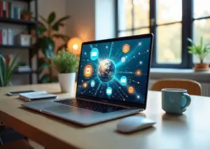 Современное рабочее место для удаленной работы с открытым интерфейсом Notion 2026