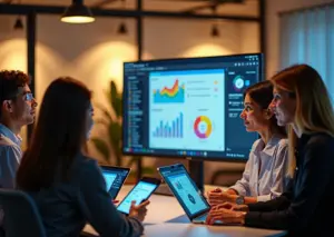 Удалённая команда работает с бэклогом проекта на ноутбуках и планшетах в современном офисе