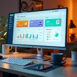 Современное рабочее место с экранами таск-менеджеров Штаб, WEEEK и Kaiten, символизирующее инструменты для удаленной работы и продуктивности