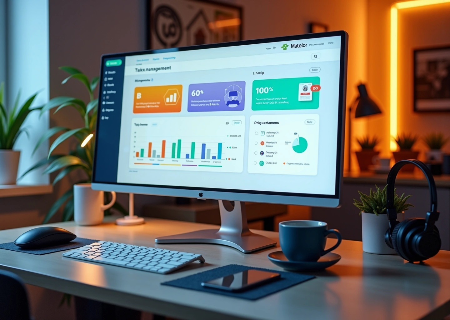 Современное рабочее место с экранами таск-менеджеров Штаб, WEEEK и Kaiten, символизирующее инструменты для удаленной работы и продуктивности