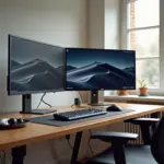 Удаленный рабочий стол с двумя мониторами, эргономичной мебелью и комфортным освещением