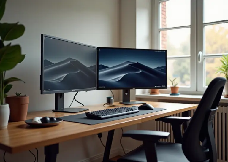 Удаленный рабочий стол с двумя мониторами, эргономичной мебелью и комфортным освещением
