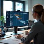 Профессиональное рабочее место с компьютером, на экране которого отображается цветная интерактивная диаграмма Ганта, удаленные сотрудники общаются через видеозвонок