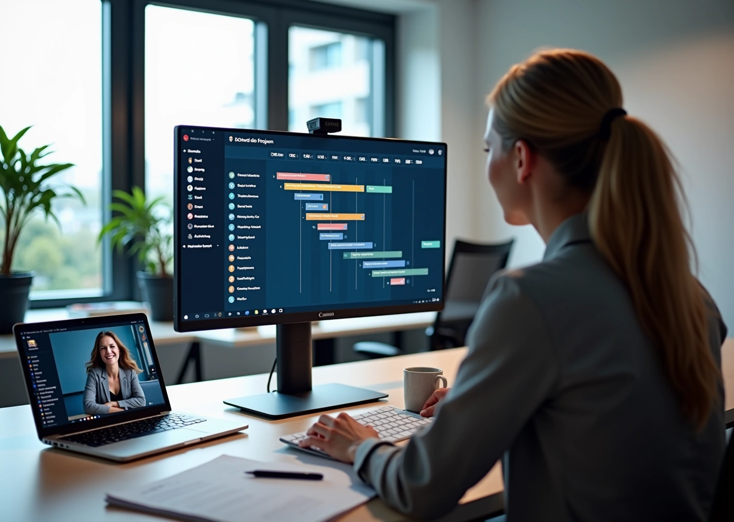 Профессиональное рабочее место с компьютером, на экране которого отображается цветная интерактивная диаграмма Ганта, удаленные сотрудники общаются через видеозвонок