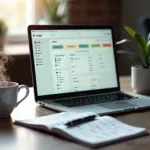 Современное рабочее место с открытыми приложениями Trello и Todoist, блокнотом с заметками по методу GTD, чашкой кофе - символ продуктивности удаленной работы и управления задачами.