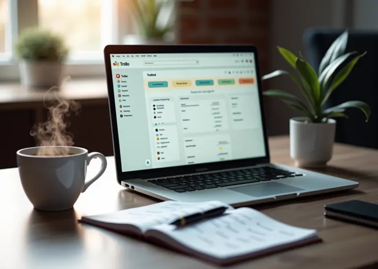 Современное рабочее место с открытыми приложениями Trello и Todoist, блокнотом с заметками по методу GTD, чашкой кофе - символ продуктивности удаленной работы и управления задачами.