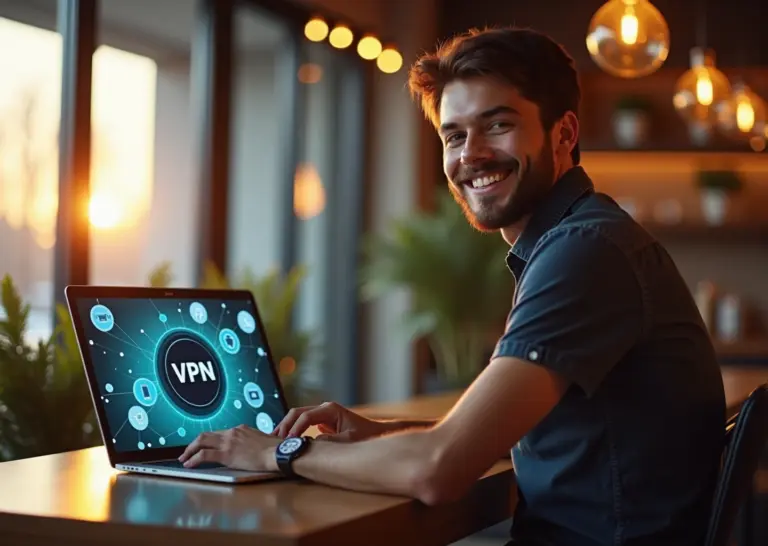 Удалённый работник, безопасно использующий общественный Wi-Fi в кафе с символами кибербезопасности и инструментов для удалённой работы