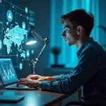 Удалённый работник за ноутбуком в домашнем офисе, вокруг голограммы и иконки ИИ, графики рынка и карта России на заднем плане