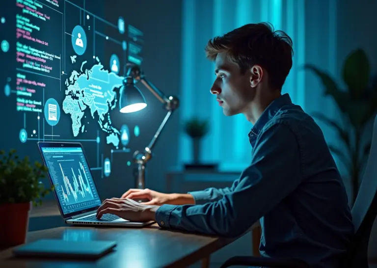 Удалённый работник за ноутбуком в домашнем офисе, вокруг голограммы и иконки ИИ, графики рынка и карта России на заднем плане