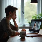 Удалённый работник за столом смотрит на экран видеозвонка, рядом тетрадь с записями достижений и чашка кофе, настроение задумчивое, присутствует маленькое окно коллеги на экране как символ поддержки