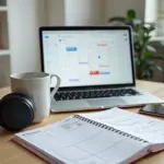 Рабочий стол с ноутбуком, бумажным планом дня и месячным календарём — визуализация планирования на день, неделю и месяц для удалённой работы