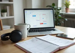 Рабочий стол с ноутбуком, бумажным планом дня и месячным календарём — визуализация планирования на день, неделю и месяц для удалённой работы