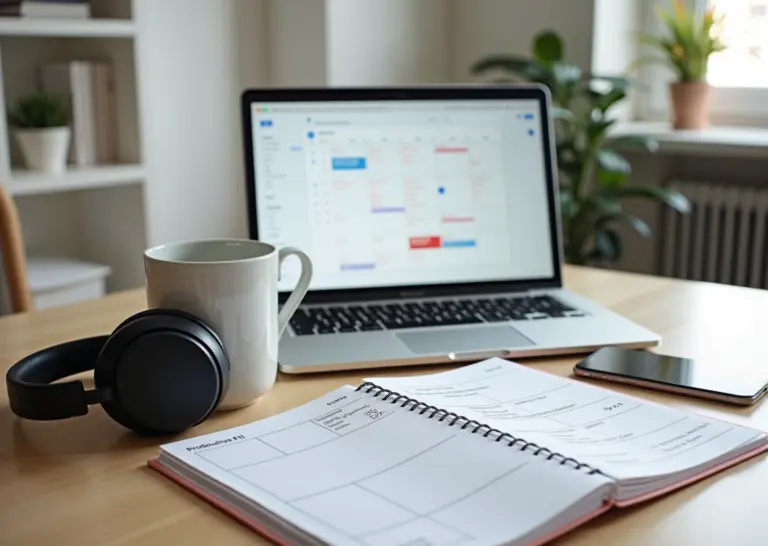 Рабочий стол с ноутбуком, бумажным планом дня и месячным календарём — визуализация планирования на день, неделю и месяц для удалённой работы