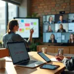 Коллаж удалённой команды: видеозвонок на экранах, цифровая доска со стикерами и ноутбук с кириллической клавиатурой, передаёт атмосферу корпоративной культуры в распределённой команде