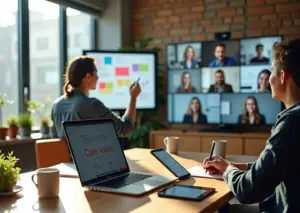 Коллаж удалённой команды: видеозвонок на экранах, цифровая доска со стикерами и ноутбук с кириллической клавиатурой, передаёт атмосферу корпоративной культуры в распределённой команде