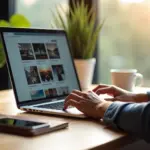 Удалённый работник за ноутбуком просматривает бесплатные фотостоки на экране, на столе смартфон, блокнот и кружка кофе в светлом домашнем офисе