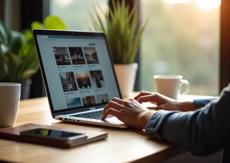 Удалённый работник за ноутбуком просматривает бесплатные фотостоки на экране, на столе смартфон, блокнот и кружка кофе в светлом домашнем офисе