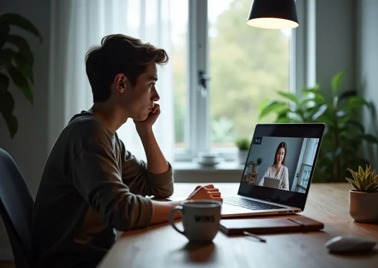 Удалённый работник за столом смотрит на экран видеозвонка, рядом тетрадь с записями достижений и чашка кофе, настроение задумчивое, присутствует маленькое окно коллеги на экране как символ поддержки